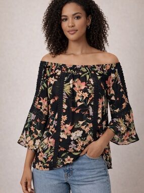 Relativity Black Floral Off-Shoulder Blouse